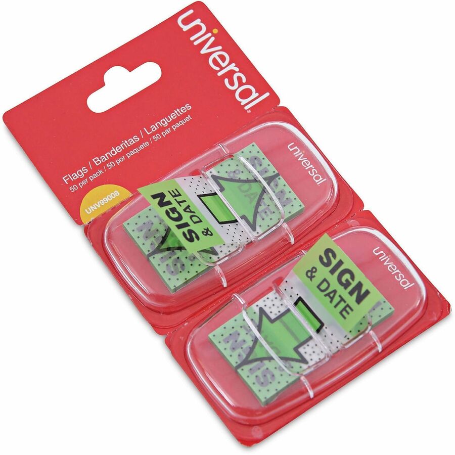 Universal Flag - 100 - 1" Flag/Note Width x 1 3/4" Flag/Note Length - Rectangle - Sign & Date - Green - Pop-up, Repositionable, Reusable - Dispenser Included - 100 / Pack