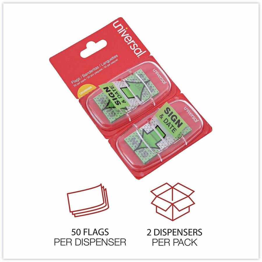 Universal Flag - 100 - 1" Flag/Note Width x 1 3/4" Flag/Note Length - Rectangle - Sign & Date - Green - Pop-up, Repositionable, Reusable - Dispenser Included - 100 / Pack