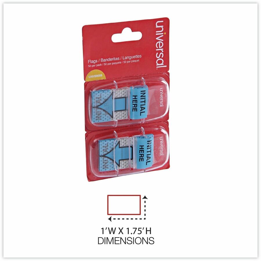 Universal Flag - 100 - 1" Flag/Note Width x 1 3/4" Flag/Note Length - Rectangle - INTITAL HERE - Blue - Pop-up, Repositionable, Reusable - Dispenser Included - 100 / Pack
