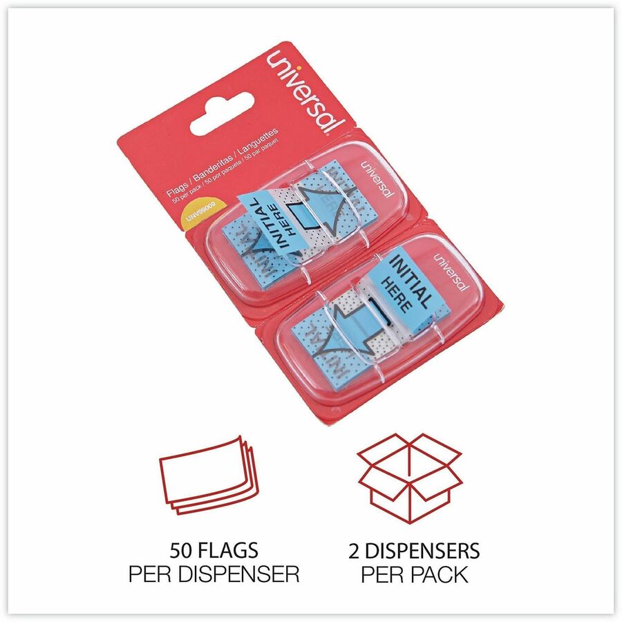 Universal Flag - 100 - 1" Flag/Note Width x 1 3/4" Flag/Note Length - Rectangle - INTITAL HERE - Blue - Pop-up, Repositionable, Reusable - Dispenser Included - 100 / Pack