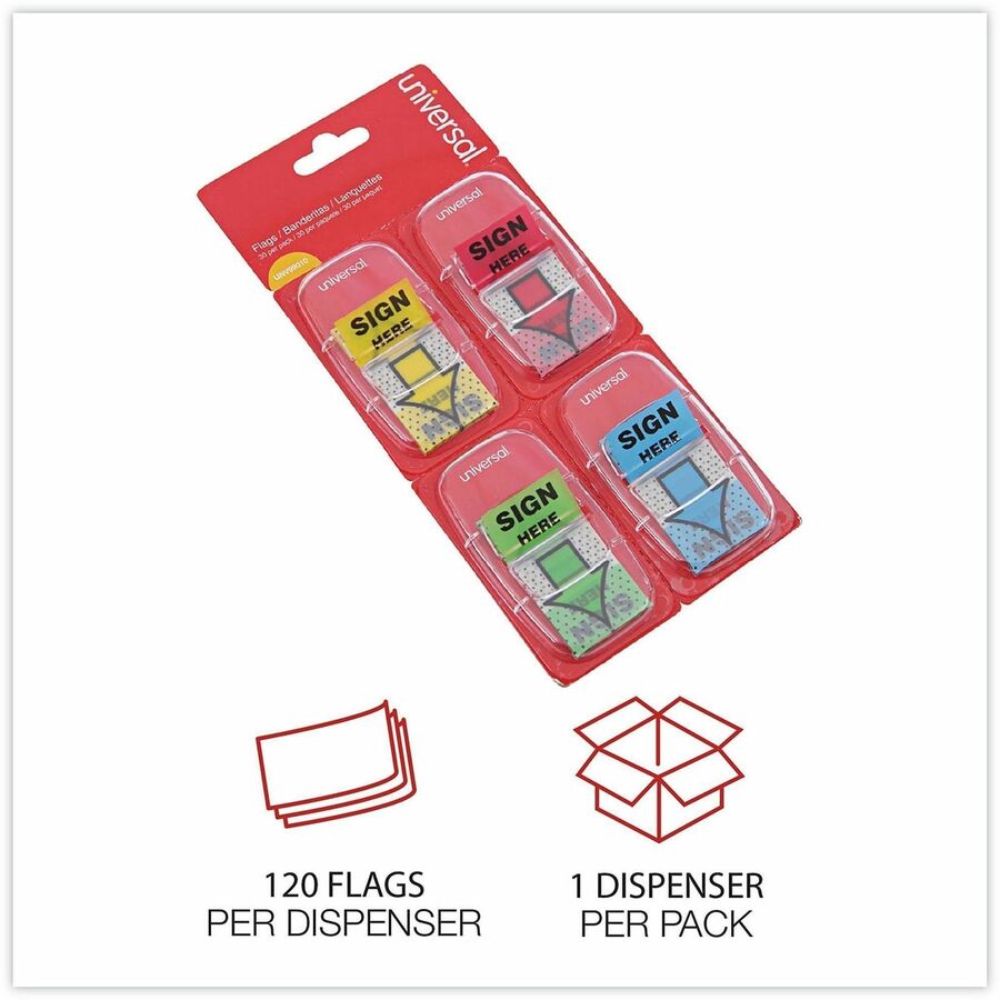 Universal Flag - 120 - 1" Flag/Note Width x 1 3/4" Flag/Note Length - Rectangle - SIGN HERE - Blue, Green, Red, Yellow - Pop-up, Repositionable, Reusable - Dispenser Included - 120 / Pack