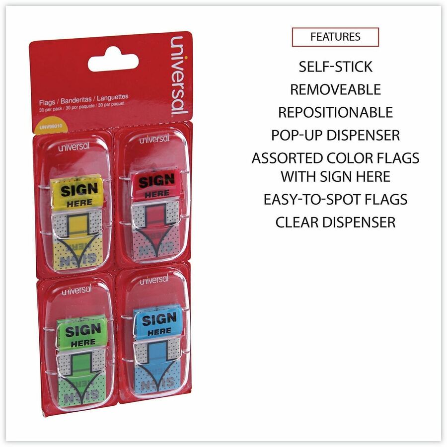 Universal Flag - 120 - 1" Flag/Note Width x 1 3/4" Flag/Note Length - Rectangle - SIGN HERE - Blue, Green, Red, Yellow - Pop-up, Repositionable, Reusable - Dispenser Included - 120 / Pack