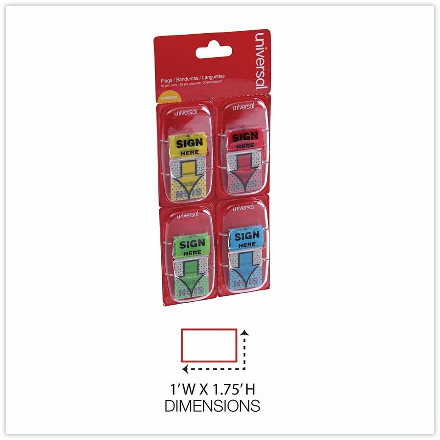 Universal Flag - 120 - 1" Flag/Note Width x 1 3/4" Flag/Note Length - Rectangle - SIGN HERE - Blue, Green, Red, Yellow - Pop-up, Repositionable, Reusable - Dispenser Included - 120 / Pack