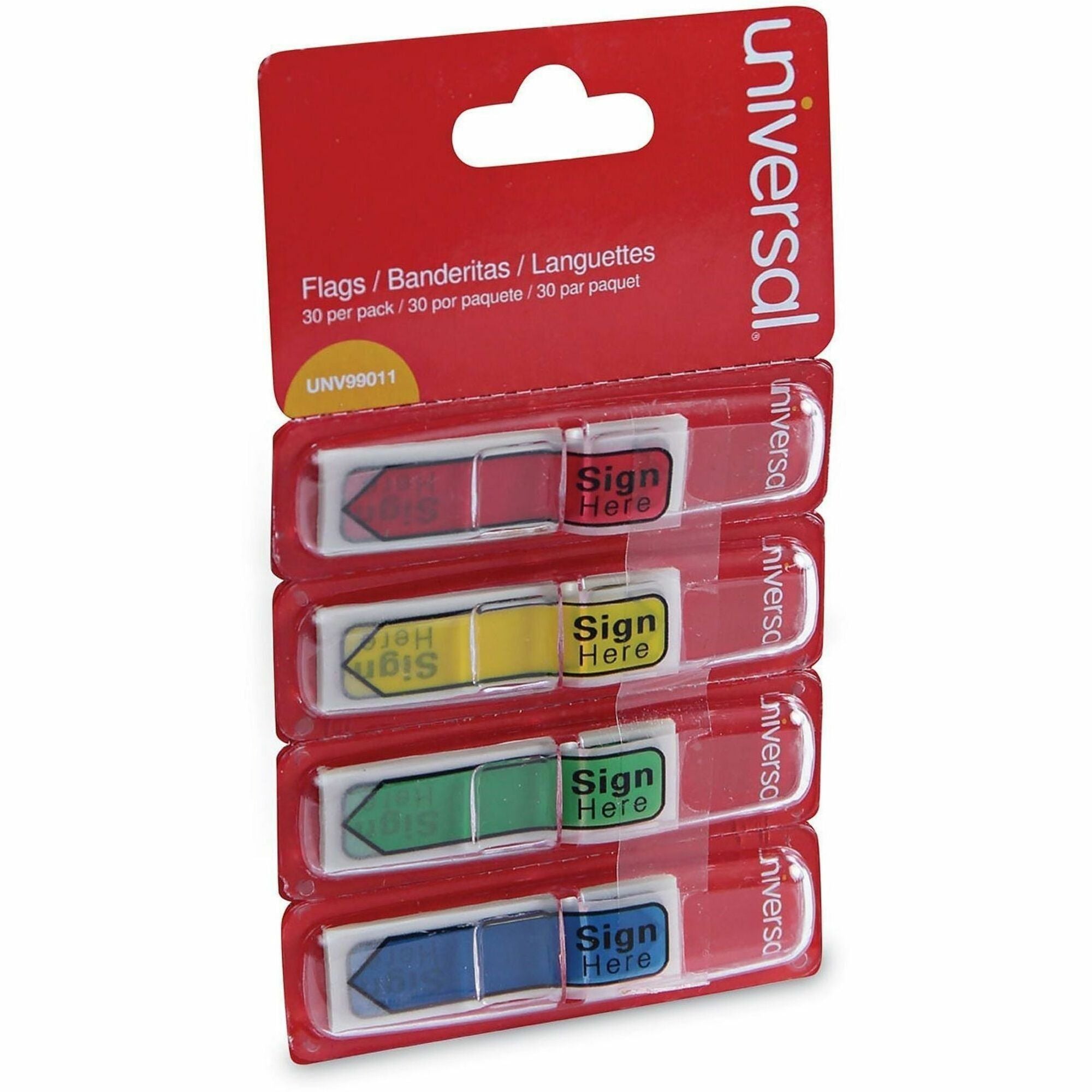Universal Flag - 100 - 1/2" Flag/Note Width x 1 3/4" Flag/Note Length - Rectangle - SIGN HERE - Blue, Green, Red, Yellow - Pop-up, Repositionable, Reusable - Dispenser Included - 120 / Pack