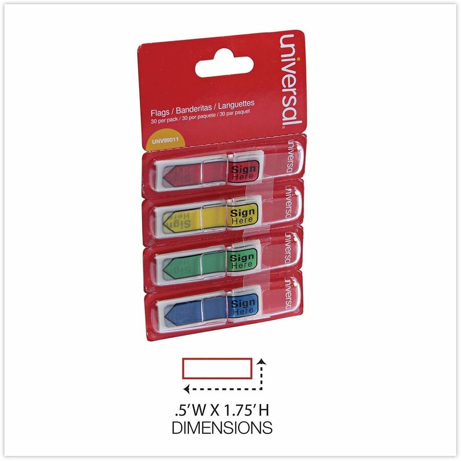 Universal Flag - 100 - 1/2" Flag/Note Width x 1 3/4" Flag/Note Length - Rectangle - SIGN HERE - Blue, Green, Red, Yellow - Pop-up, Repositionable, Reusable - Dispenser Included - 120 / Pack