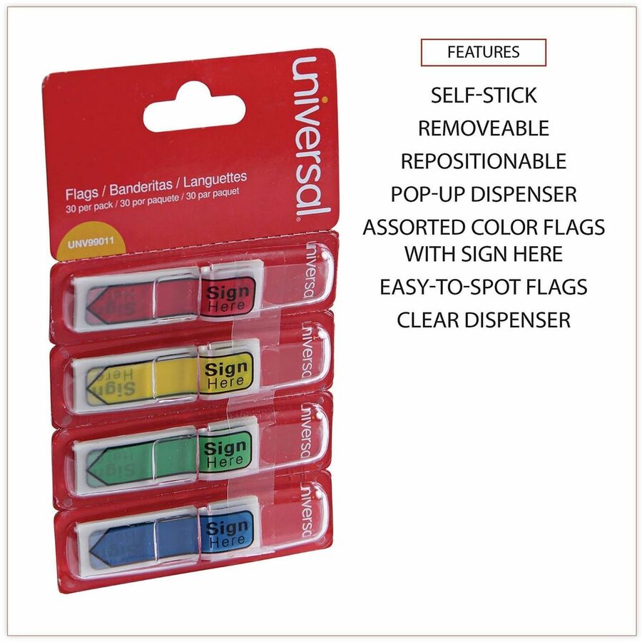 Universal Flag - 100 - 1/2" Flag/Note Width x 1 3/4" Flag/Note Length - Rectangle - SIGN HERE - Blue, Green, Red, Yellow - Pop-up, Repositionable, Reusable - Dispenser Included - 120 / Pack