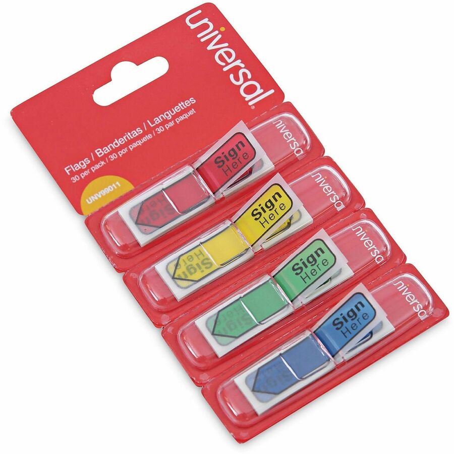 Universal Flag - 100 - 1/2" Flag/Note Width x 1 3/4" Flag/Note Length - Rectangle - SIGN HERE - Blue, Green, Red, Yellow - Pop-up, Repositionable, Reusable - Dispenser Included - 120 / Pack
