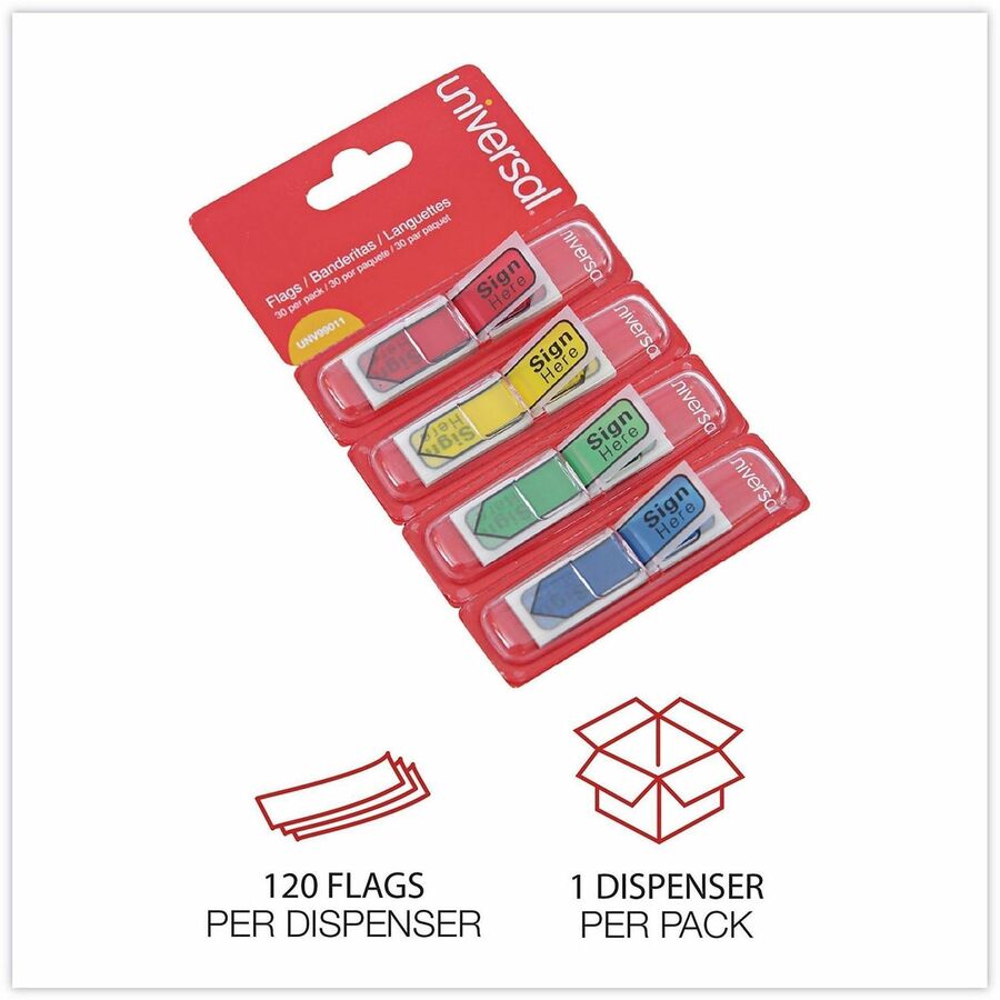 Universal Flag - 100 - 1/2" Flag/Note Width x 1 3/4" Flag/Note Length - Rectangle - SIGN HERE - Blue, Green, Red, Yellow - Pop-up, Repositionable, Reusable - Dispenser Included - 120 / Pack