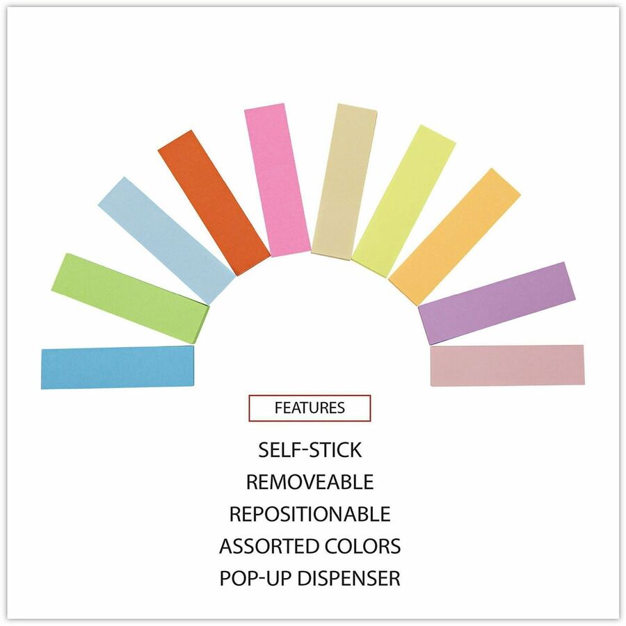 1/2" Flag/Note Width x 2" Flag/Note Length - Rectangle - Yellow, Turquoise, Red, Purple, Pink, Neon Yellow, Neon Orange, Neon Pink, Blue, Lime - Paper - Adhesive, Self-stick, Repositionable, Reusable, Pop-up, Removable, Residue-free - 500 / Pack