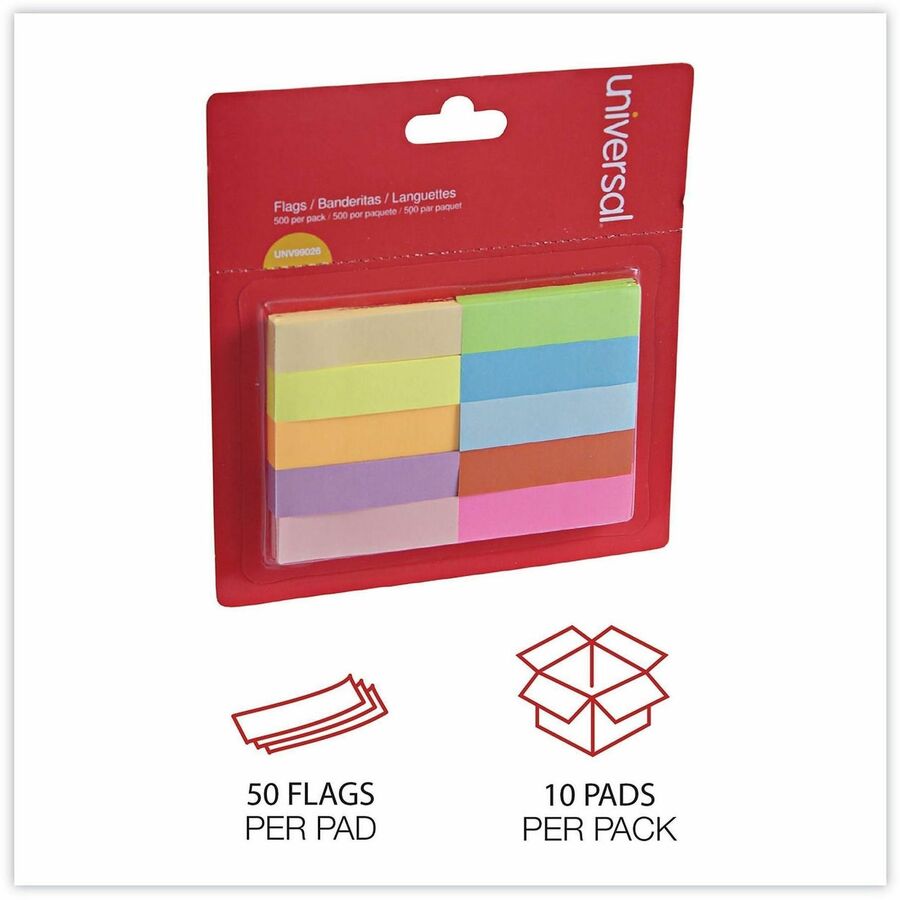1/2" Flag/Note Width x 2" Flag/Note Length - Rectangle - Yellow, Turquoise, Red, Purple, Pink, Neon Yellow, Neon Orange, Neon Pink, Blue, Lime - Paper - Adhesive, Self-stick, Repositionable, Reusable, Pop-up, Removable, Residue-free - 500 / Pack