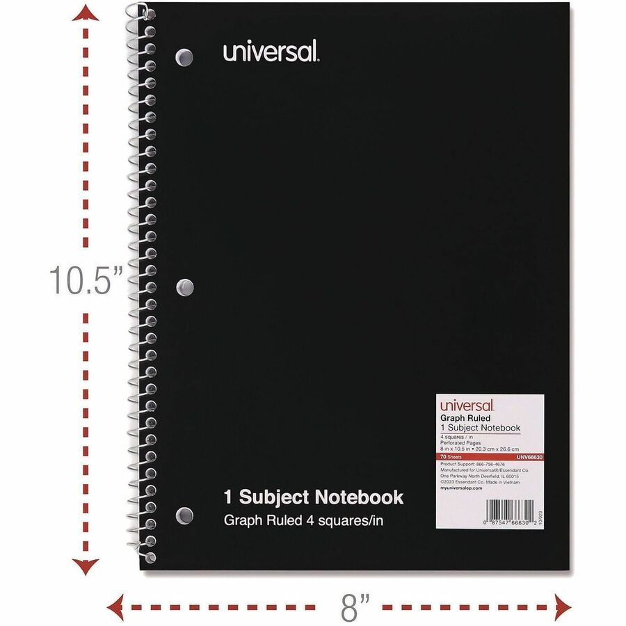 Universal Notebook - 1 Subject(s) - 70 Sheets - Spiral - Quad Ruled Front Ruling - 3 Hole(s) - 15 lb Basis Weight - 10.50" Height x 8" Width - White Paper - Black Paperboard Cover