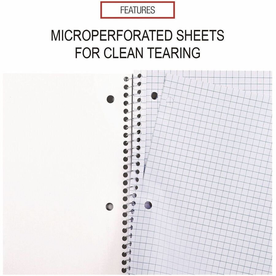 Universal Notebook - 1 Subject(s) - 70 Sheets - Spiral - Quad Ruled Front Ruling - 3 Hole(s) - 15 lb Basis Weight - 10.50" Height x 8" Width - White Paper - Black Paperboard, Blue, Green, Red Cover - 4 / Pack