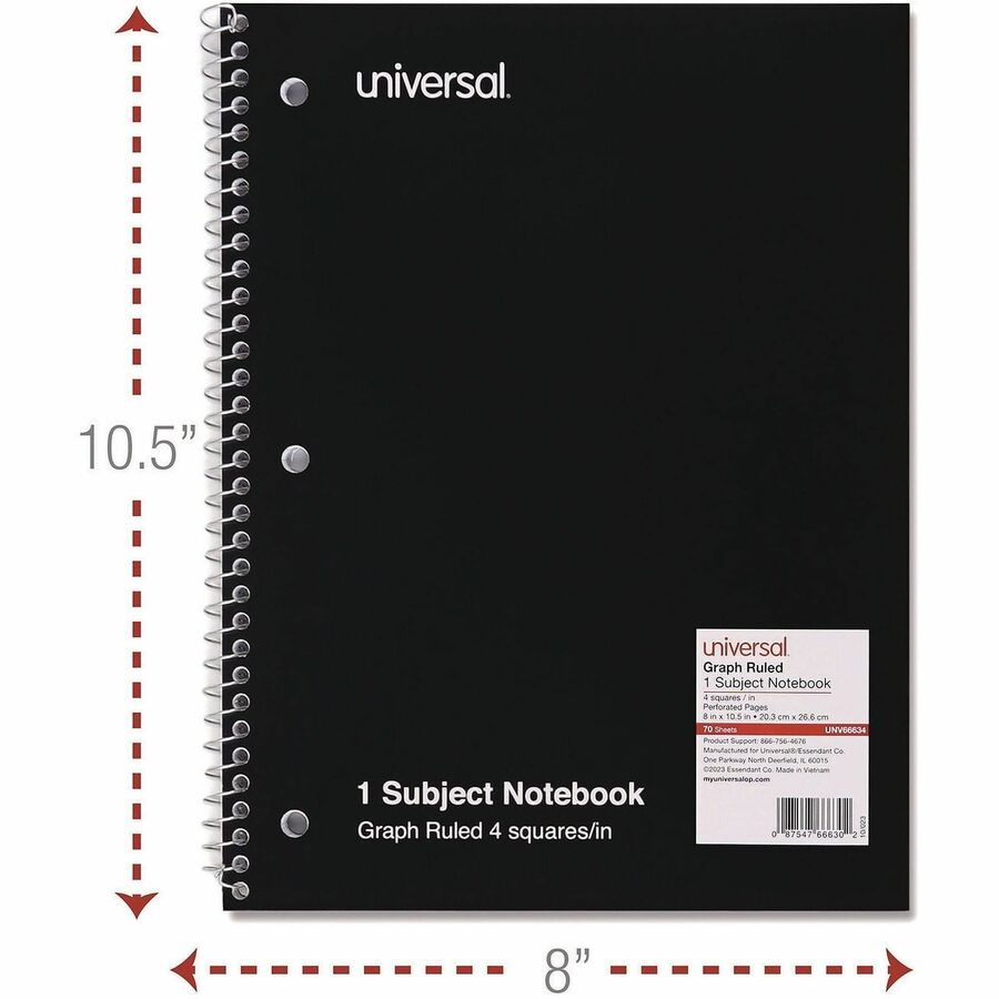 Universal Notebook - 1 Subject(s) - 70 Sheets - Spiral - Quad Ruled Front Ruling - 3 Hole(s) - 15 lb Basis Weight - 10.50" Height x 8" Width - White Paper - Black Paperboard, Blue, Green, Red Cover - 4 / Pack