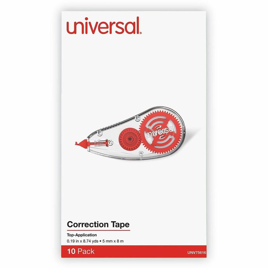 Universal Correction Tape - 0.20" Tape Width x 26.25 ft Tape Length - 1 Line(s) - White Tape - Clear, Red Dispenser - Comfortable, Non-refillable, Easy to Use, Film-based - Plastic, Film - 10 / Pack
