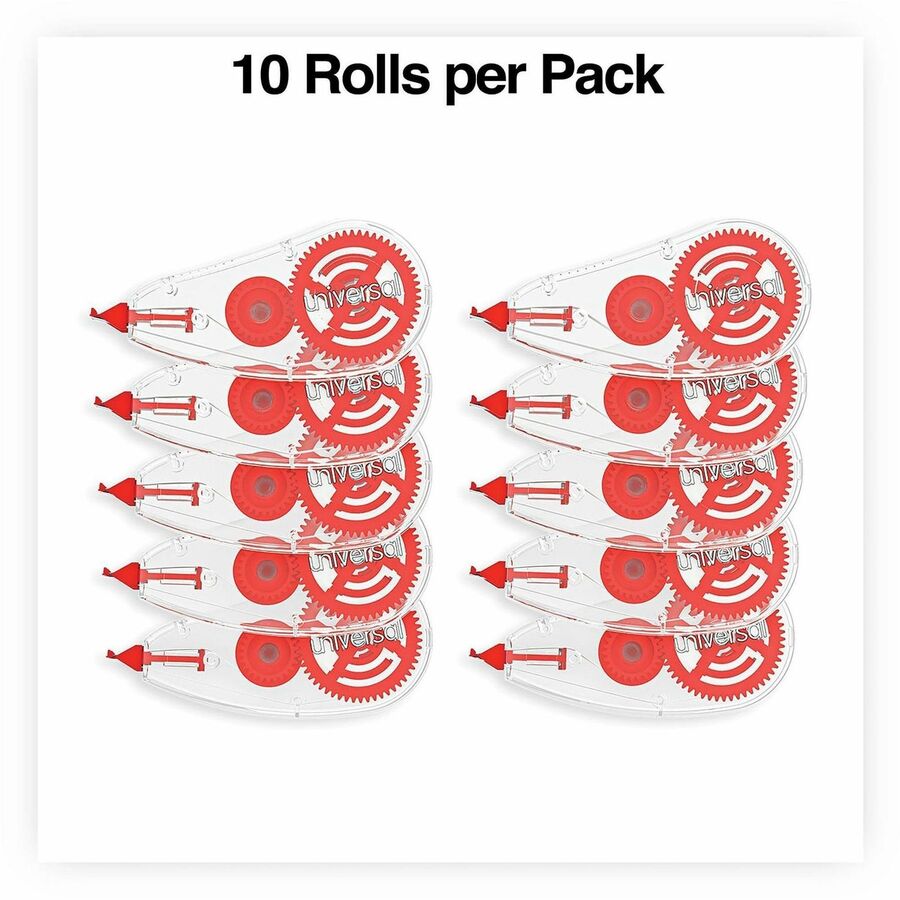 Universal Correction Tape - 0.20" Tape Width x 26.25 ft Tape Length - 1 Line(s) - White Tape - Clear, Red Dispenser - Comfortable, Non-refillable, Easy to Use, Film-based - Plastic, Film - 10 / Pack