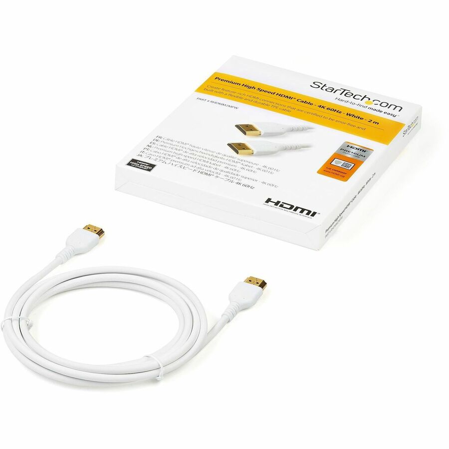 StarTech.com 2m (6.6 ft) Premium High Speed HDMI Cable with Ethernet, 4K 60Hz, Gold Plated Connectors, 18Gbps, 30 AWG, White, 1 Each