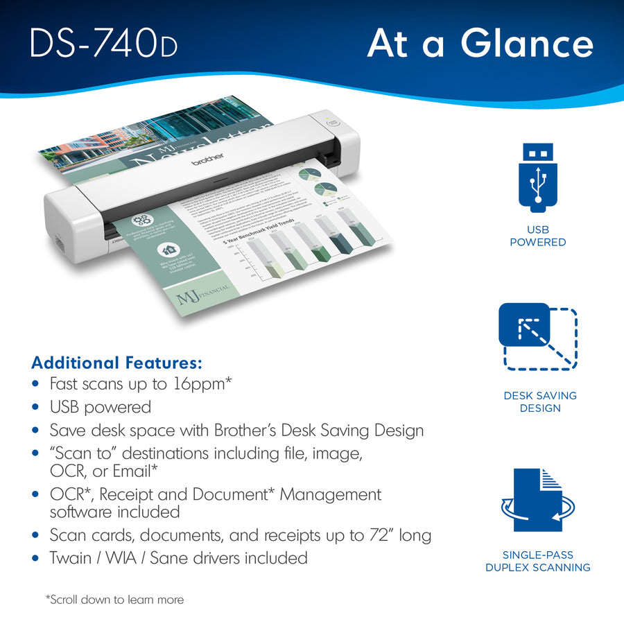 24-bit Color - 8-bit Grayscale - 16 ppm (Mono) - 16 ppm (Color) - Duplex Scanning - USB