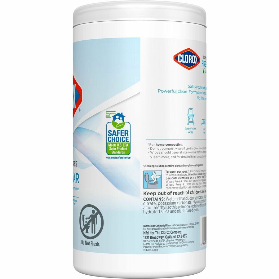 Clorox Free & Clear Compostable All Purpose Cleaning Wipes - 4.25" Length x 4.25" Width - Fragrance-free, Dye-free, Residue-free, Durable - White - 75/Tub - 1 Each