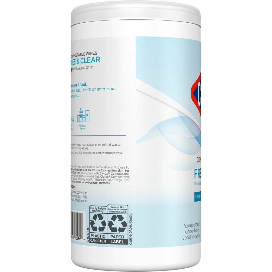 Clorox Free & Clear Compostable All Purpose Cleaning Wipes - 4.25" Length x 4.25" Width - Fragrance-free, Dye-free, Residue-free, Durable - White - 75/Tub - 1 Each