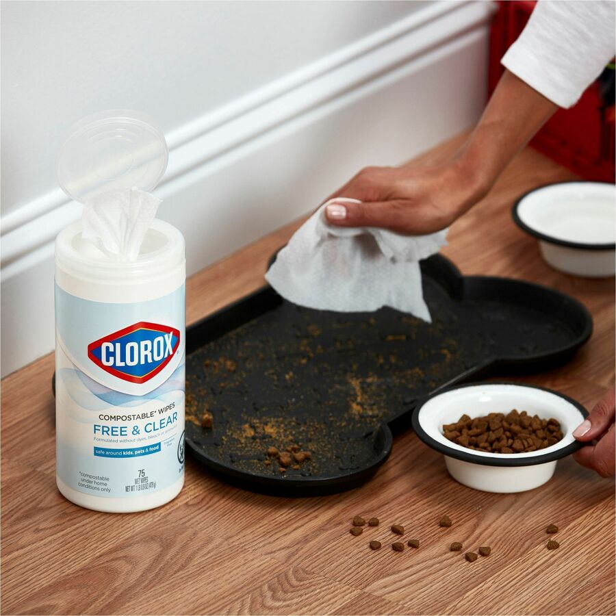 Clorox Free & Clear Compostable All Purpose Cleaning Wipes - 4.25" Length x 4.25" Width - Fragrance-free, Dye-free, Residue-free, Durable - White - 75/Tub - 1 Each