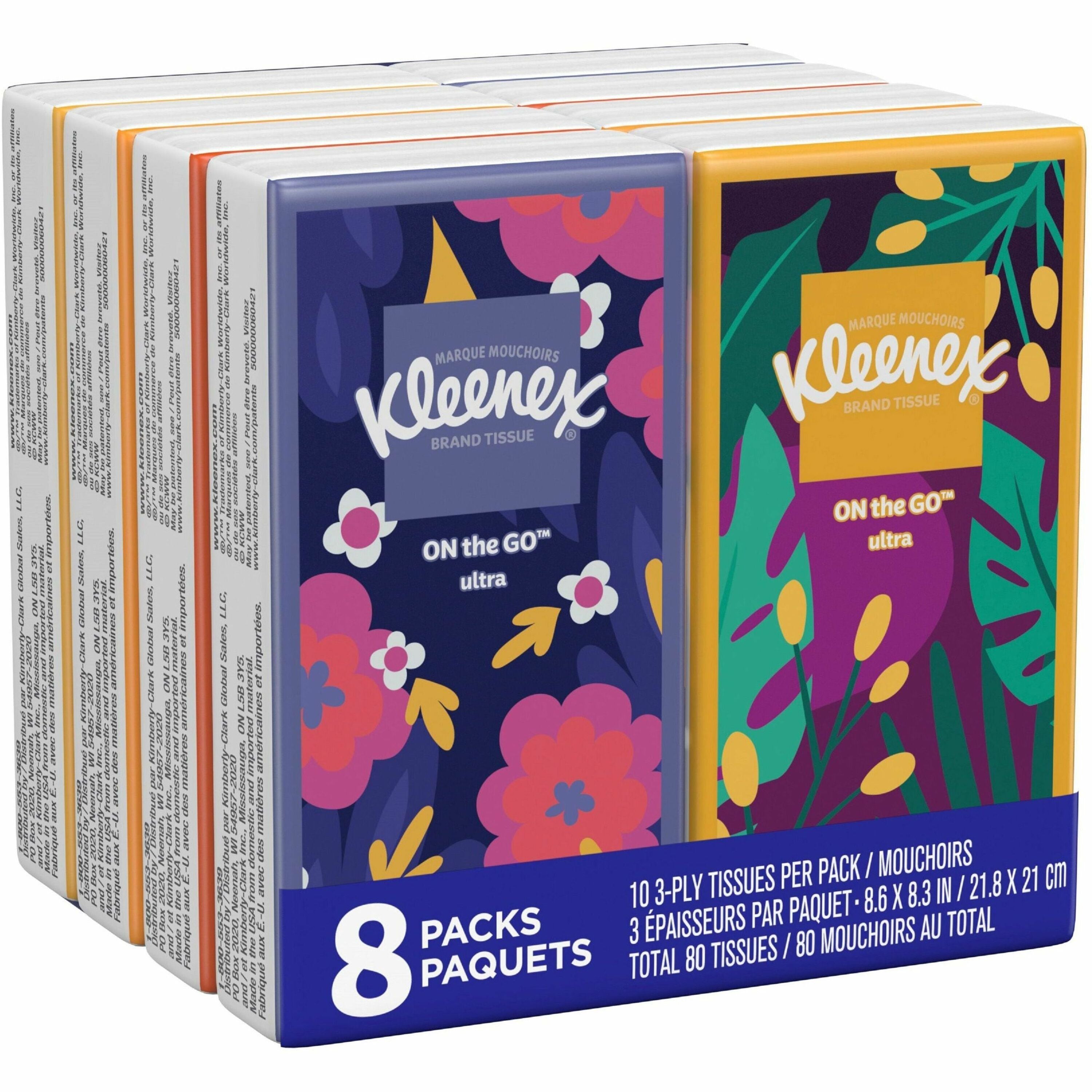 Kleenex Go Packs Facial Tissues - 3 Ply - 8.60" Width x 8.30" Length - White - 10/Pouch - 1 Pack