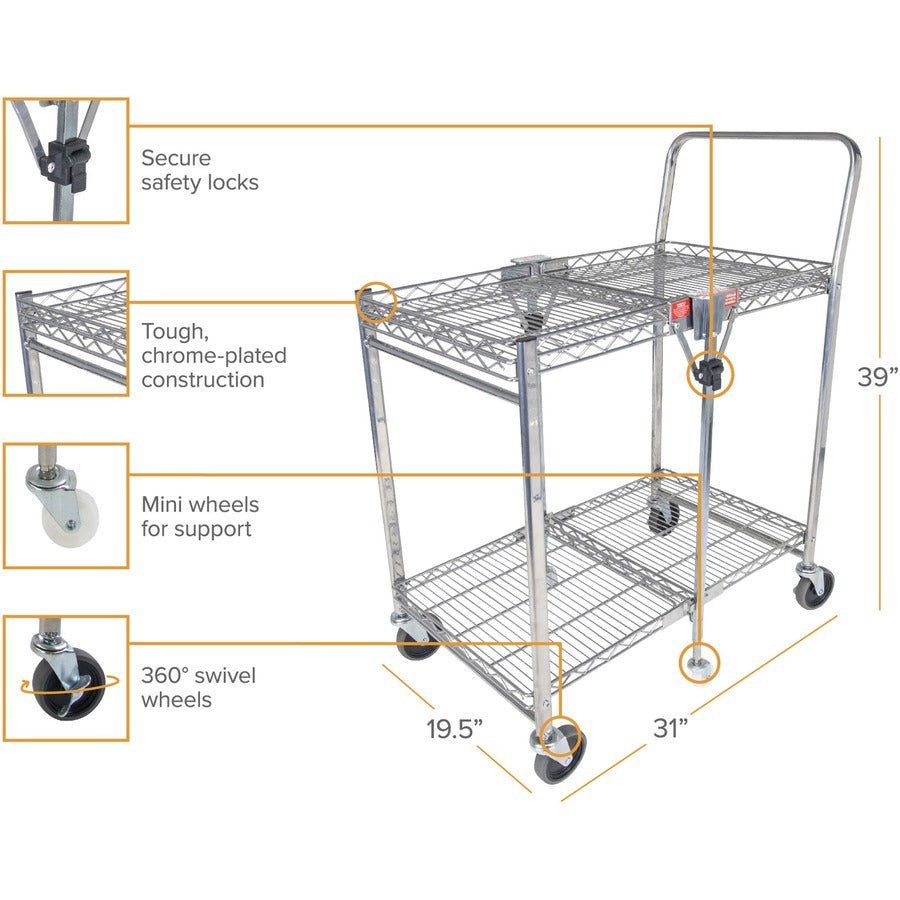 Bostitch Stowaway Utility Cart - 2 Shelf - 400 lb Load Capacity - 6 Casters - 31" Length x 19.50" Width x 39" Height - Chrome - 1 Each