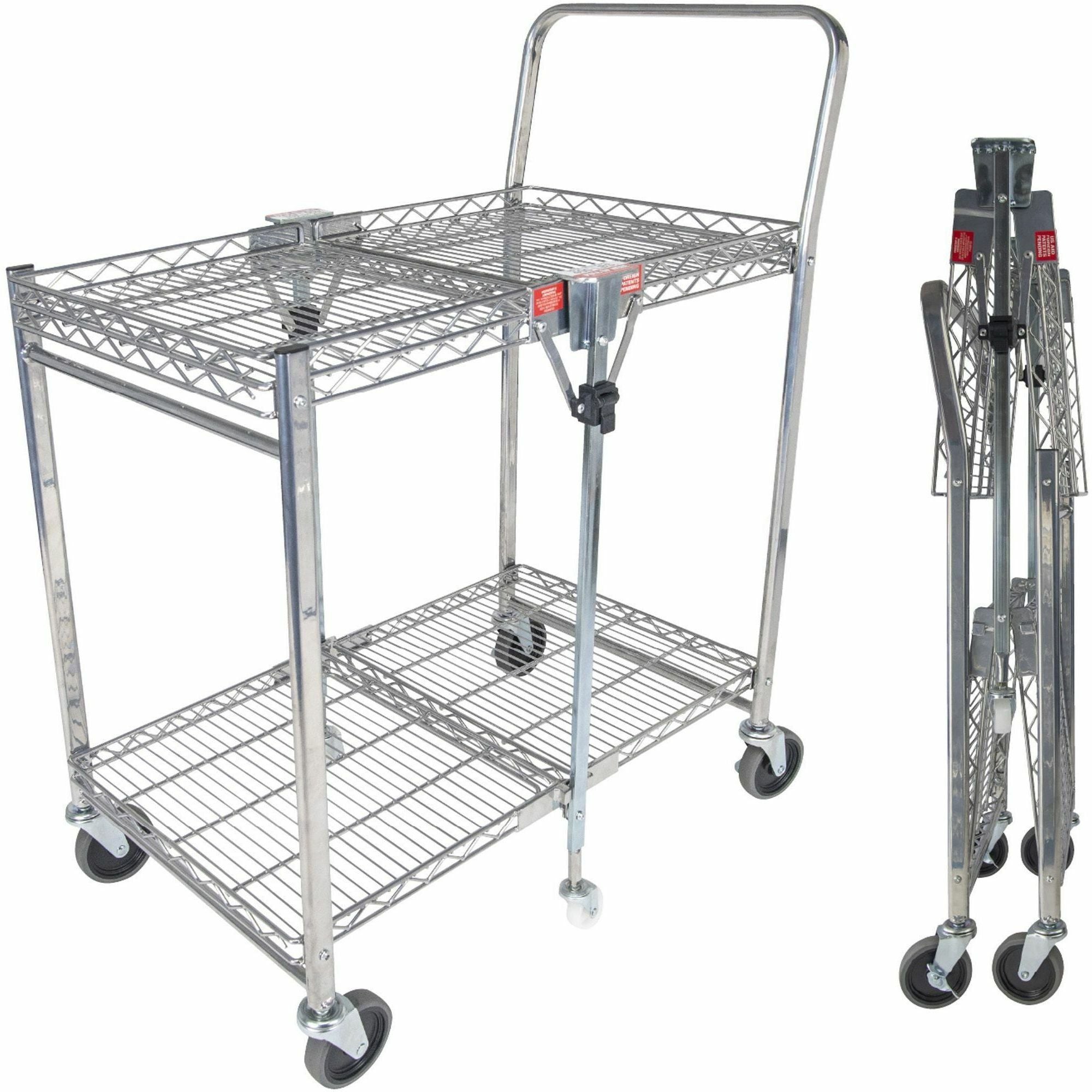 Bostitch Stowaway Utility Cart - 2 Shelf - 400 lb Load Capacity - 6 Casters - 31" Length x 19.50" Width x 39" Height - Chrome - 1 Each