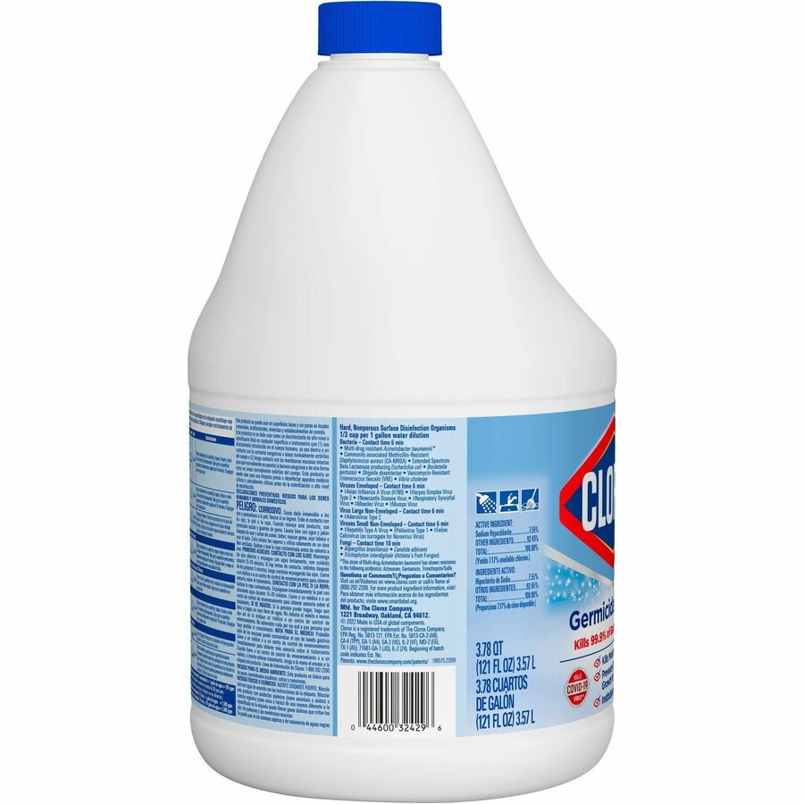 Clorox Germicidal Bleach - For Household, Office, Restaurant, Commercial - Concentrate - Liquid - 121 fl oz (3.8 quart) - Regular Scent - Recommended For: Germs Remover, Bacteria Remover, Virus Remover, Mold Remover, Mildew Remover - White - 1 Each