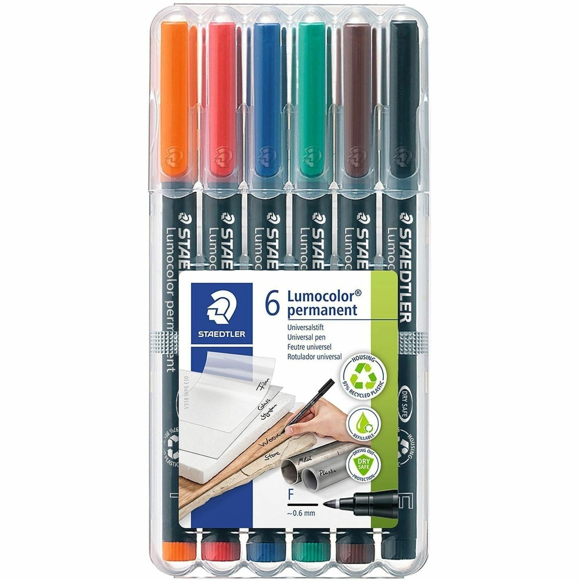 Staedtler Lumocolor Permanent Pen 318 - Refillable - Red, Blue, Orange, Green, Brown, Black Ink - Polypropylene Barrel - 6 / Pack