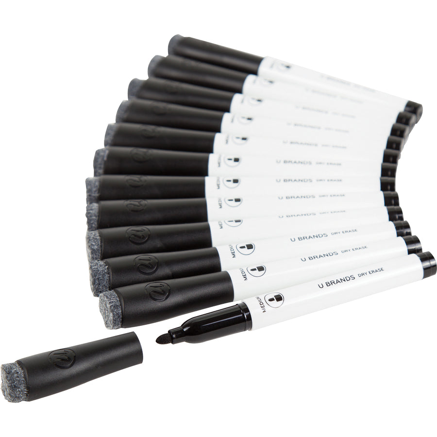 U Brands Dry Erase Marker - Medium Tapered Marker Point - Erasable - Black Ink - White Plastic Barrel - 12 / Pack