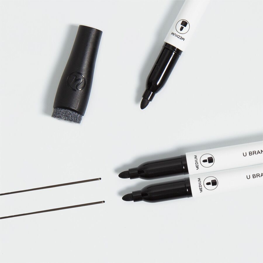 U Brands Dry Erase Marker - Medium Tapered Marker Point - Erasable - Black Ink - White Plastic Barrel - 12 / Pack