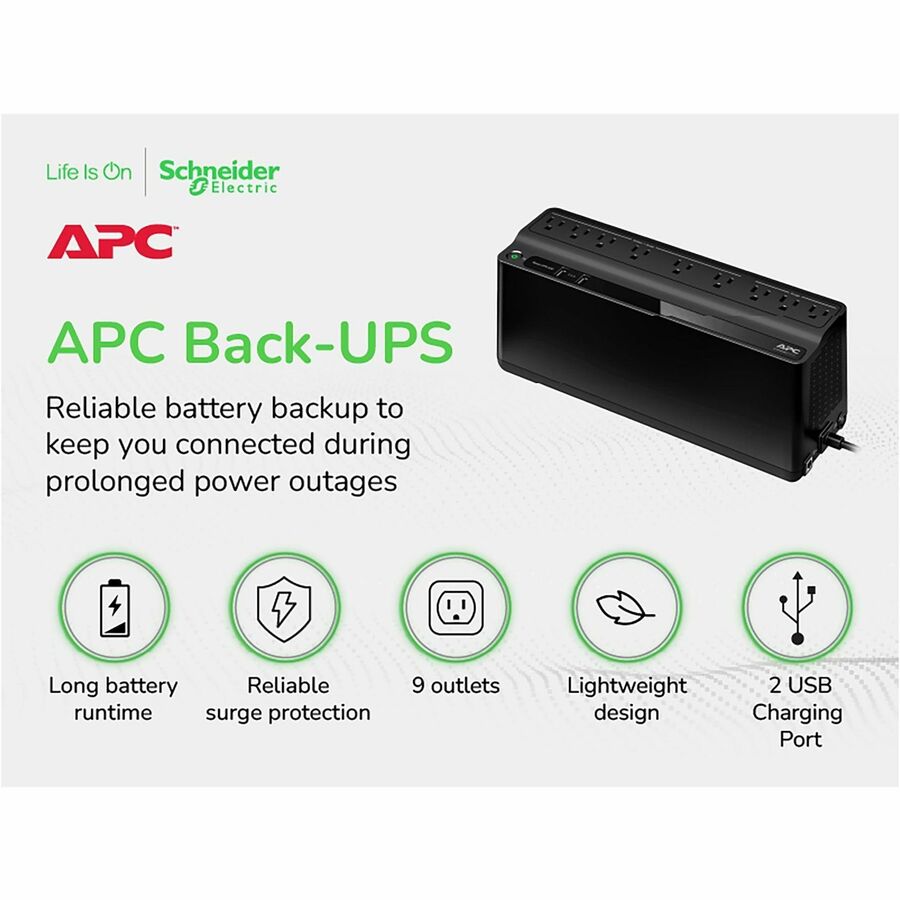 Tower - 8 Hour Recharge - 2 Minute Stand-by - 120 V Input - 120 V AC Output - Single Phase - Stepped Approximated Sine Wave - 6 x NEMA 5-15R, 3 x NEMA 5-15R Surge Receptacle(s) - 9 x Battery/Surge Outlet - USB