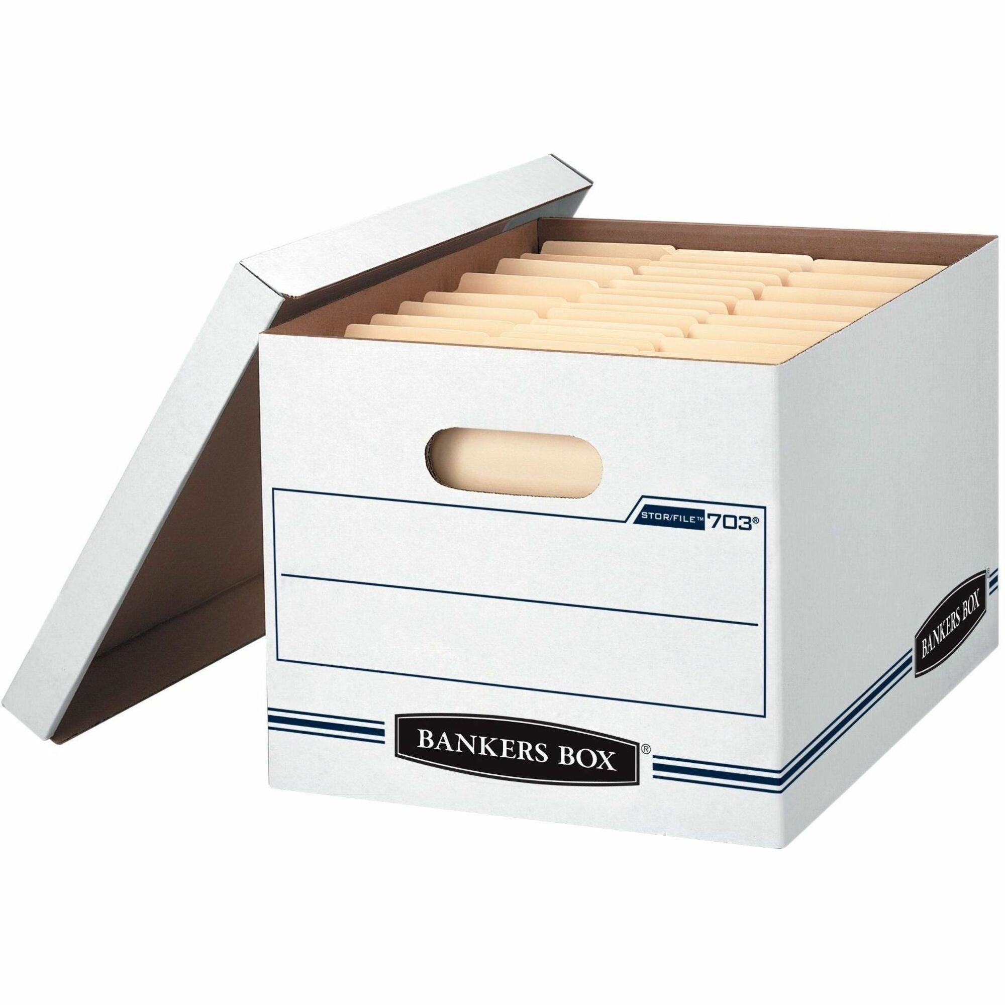Bankers Box STOR/FILE Storage Box, Lift-off Lid, Light Duty, Stackable, Letter/Legal Size, White/Blue, Recycled, 12/Carton