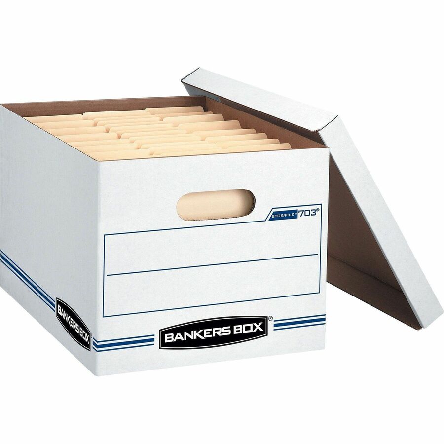 Bankers Box STOR/FILE Storage Box, Lift-off Lid, Light Duty, Stackable, Letter/Legal Size, White/Blue, Recycled, 12/Carton