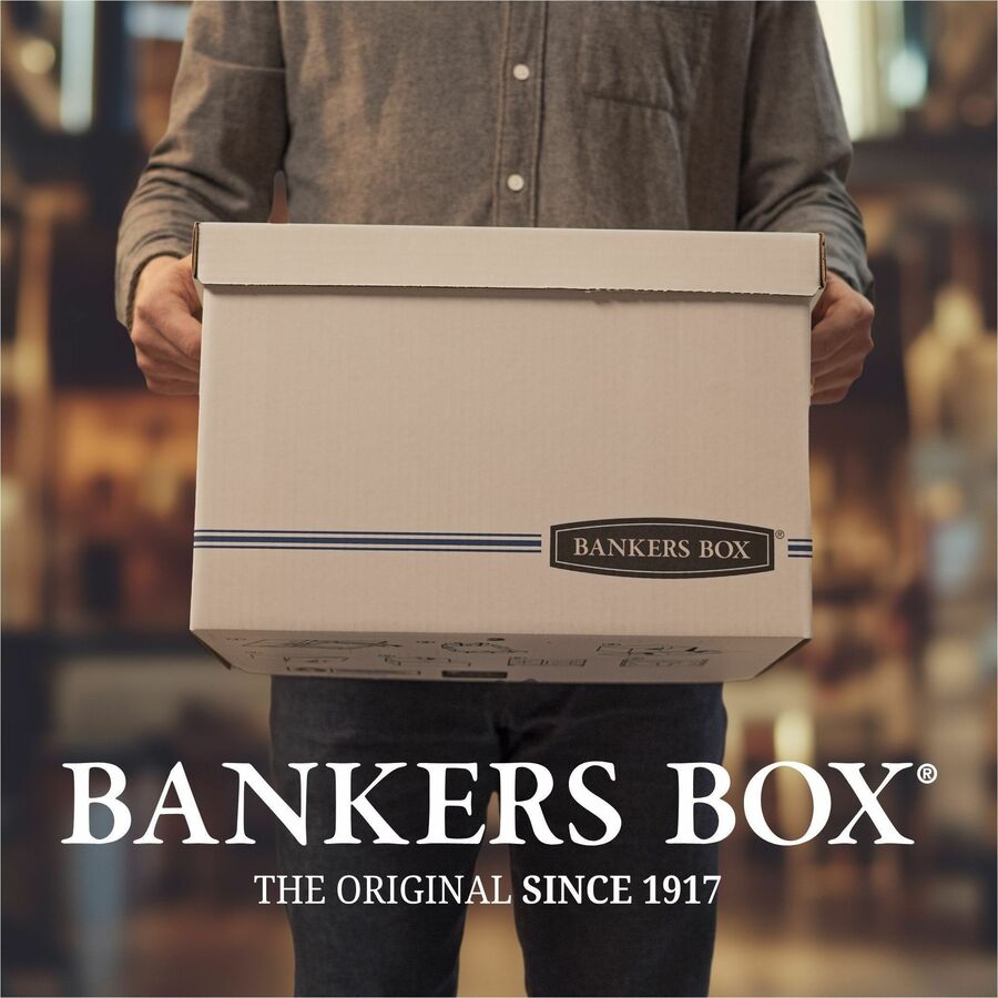 Bankers Box STOR/FILE Storage Box, Lift-off Lid, Light Duty, Stackable, Letter/Legal Size, White/Blue, Recycled, 12/Carton