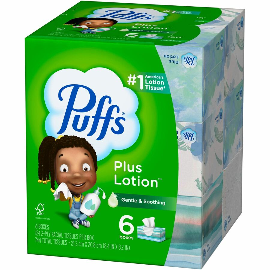 Puffs Plus Lotion Facial Tissue - 2 Ply - 8.20" Width x 8.40" Length - White - 124/Box - 6 / Pack