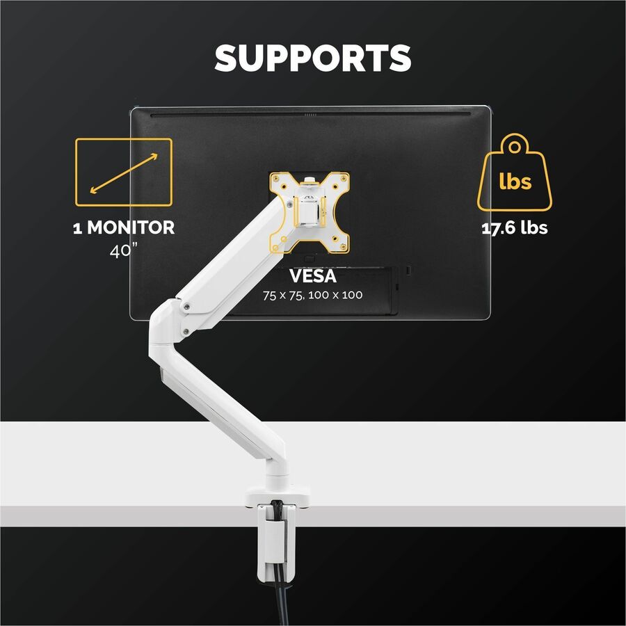Fellowes Platinum Mounting Arm for Monitor - White - Height Adjustable - 1 Display(s) Supported - 32" to 40" Screen Support - 17.64 lb Load Capacity - 75 x 75, 100 x 100 - VESA Mount Compatible - 1 Each