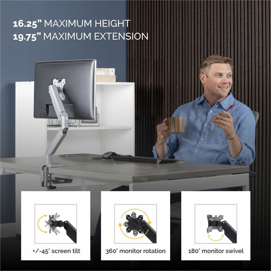 Fellowes Platinum Mounting Arm for Monitor - Silver - 1 Display(s) Supported - 27" Screen Support - 20 lb Load Capacity - 1 Each