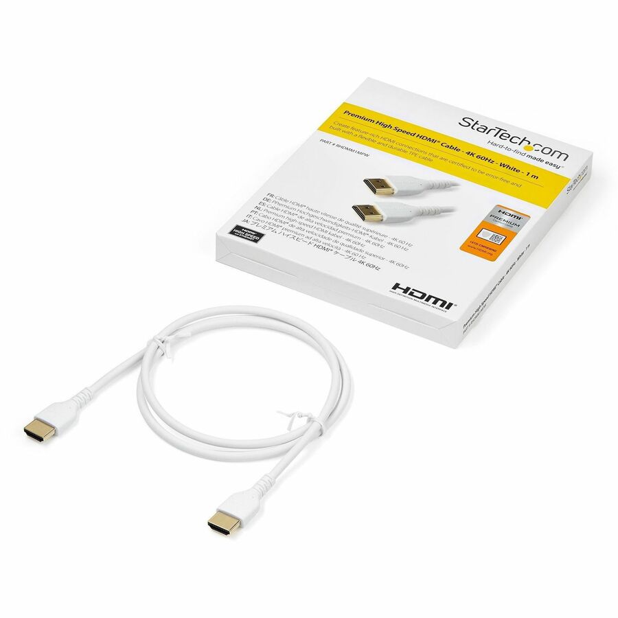 StarTech.com 1 Each 1m (3.28 ft) Premium High Speed HDMI Cable with Ethernet, 4K 60Hz, HDMI 2.0 Male/Male, 18Gbps, Gold Plated, Shielded, White, 34 AWG
