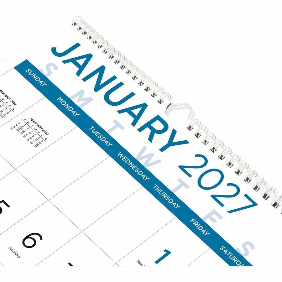 Blueline Large Print Wall Calendar, English (C173106) - Monthly - 12 Month - January 2027 to December 2027 - 1 Month Single Page Layout - 12" x 17" Sheet Size - Twin Wire - Wall Mount - Light Blue - Chipboard - 1 Each