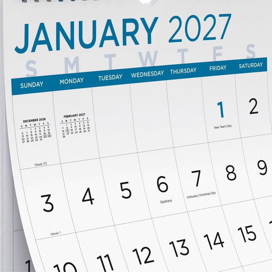 Blueline Large Print Wall Calendar, English (C173106) - Monthly - 12 Month - January 2027 to December 2027 - 1 Month Single Page Layout - 12" x 17" Sheet Size - Twin Wire - Wall Mount - Light Blue - Chipboard - 1 Each
