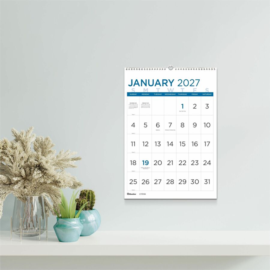 Blueline Large Print Wall Calendar, English (C173106) - Monthly - 12 Month - January 2027 to December 2027 - 1 Month Single Page Layout - 12" x 17" Sheet Size - Twin Wire - Wall Mount - Light Blue - Chipboard - 1 Each