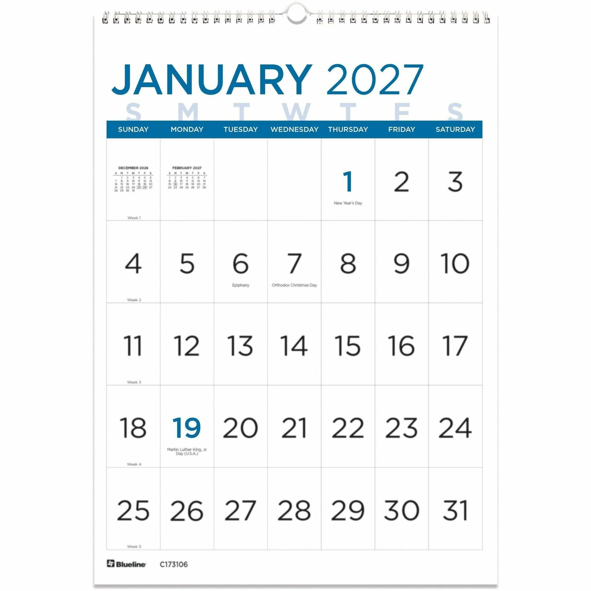 Blueline Large Print Wall Calendar, English (C173106) - Monthly - 12 Month - January 2027 to December 2027 - 1 Month Single Page Layout - 12" x 17" Sheet Size - Twin Wire - Wall Mount - Light Blue - Chipboard - 1 Each