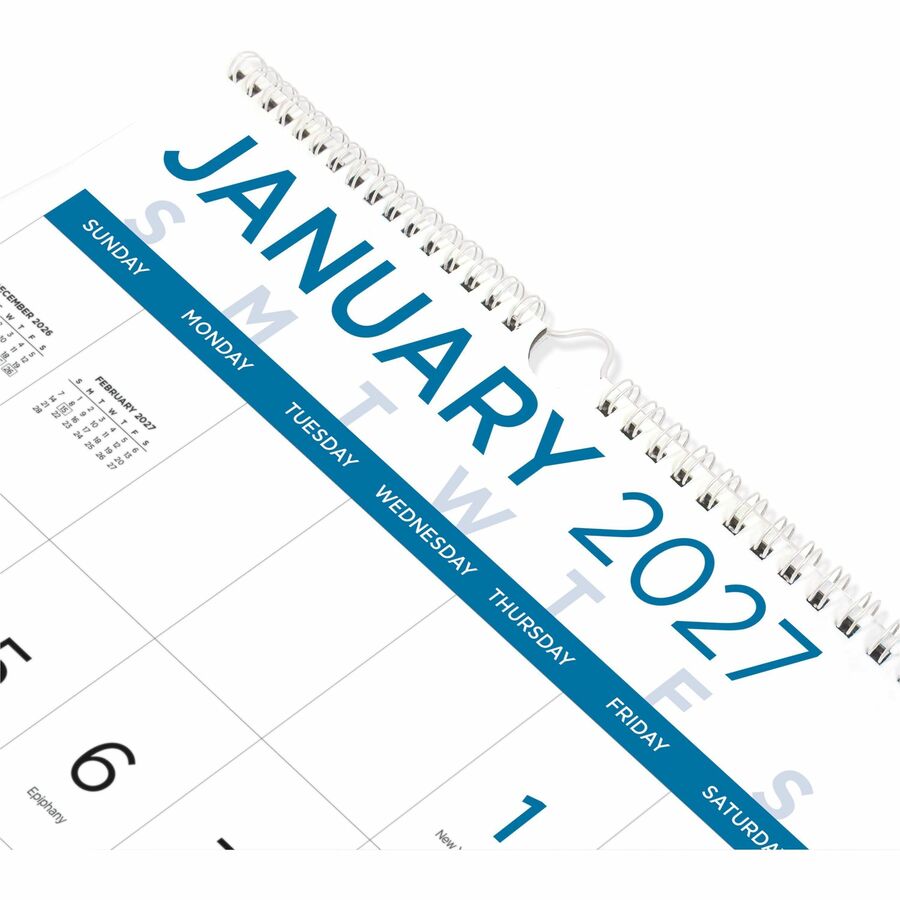 Blueline Large Print Wall Calendar, English (C173106) - Monthly - 12 Month - January 2027 to December 2027 - 1 Month Single Page Layout - 12" x 17" Sheet Size - Twin Wire - Wall Mount - Light Blue - Chipboard - 1 Each