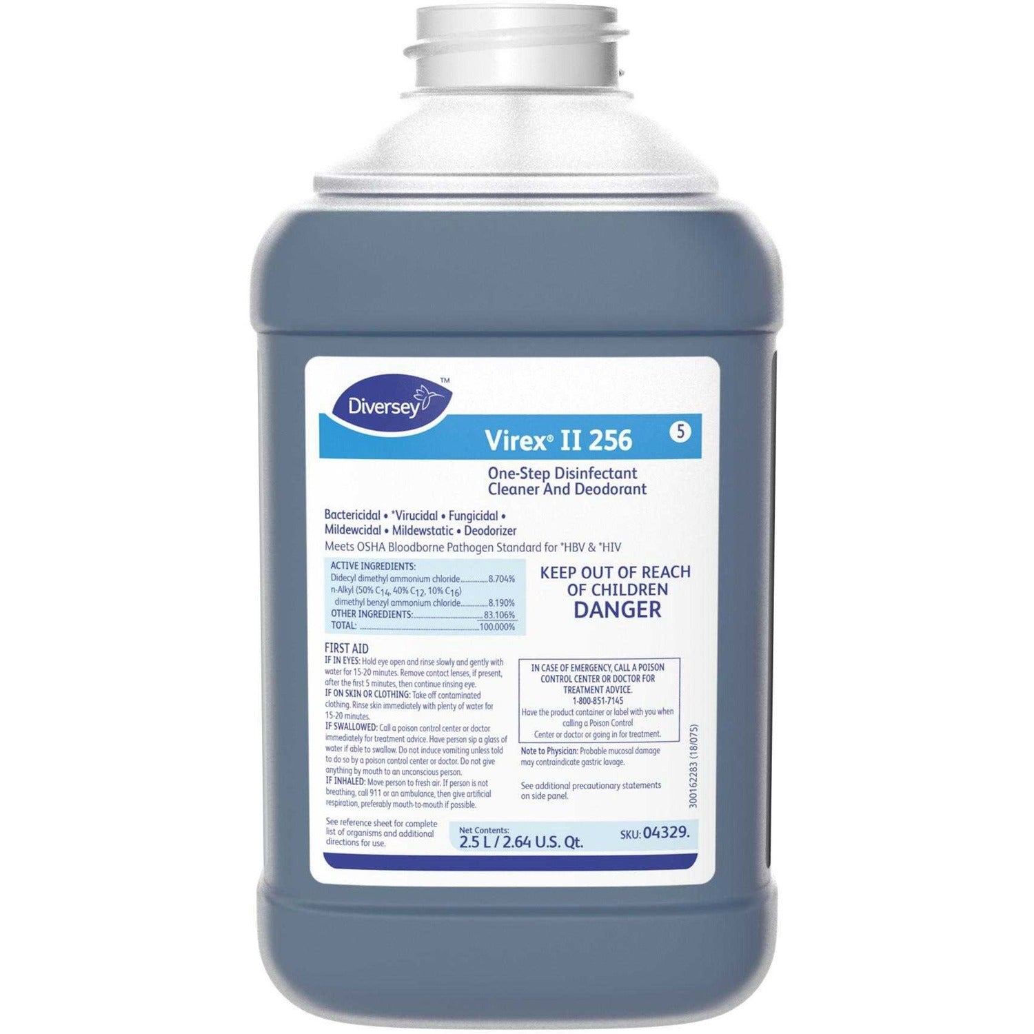Diversey Virex II 256 Disinfectant Cleaner - Concentrate - 84.5 fl oz (2.6 quart) - Minty Scent - Deodorize, Non-porous, Deodorant - Blue - 2 / Carton