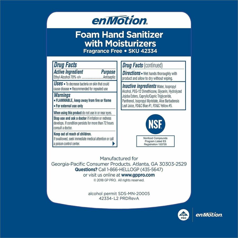 enMotion Hand Sanitizer Foam Refill - 1.06 quart - Kill Germs, Bacteria Remover - Hand - Moisturizing - Green - Quick Drying - 1 Each