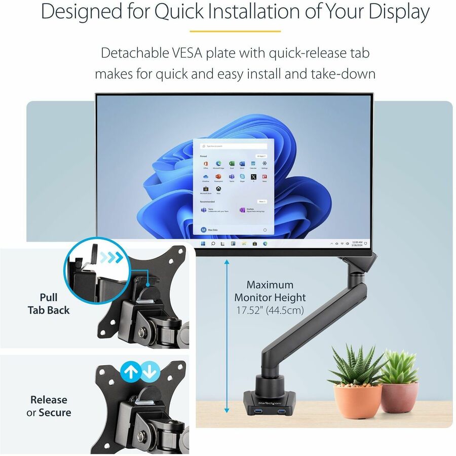 StarTech.com ARMSLIM2USB3 Mounting Arm for Monitor, Curved Screen Display, Flat Panel Display - Black