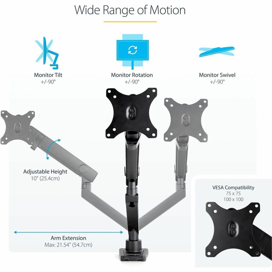 StarTech.com ARMSLIM2USB3 Mounting Arm for Monitor, Curved Screen Display, Flat Panel Display - Black