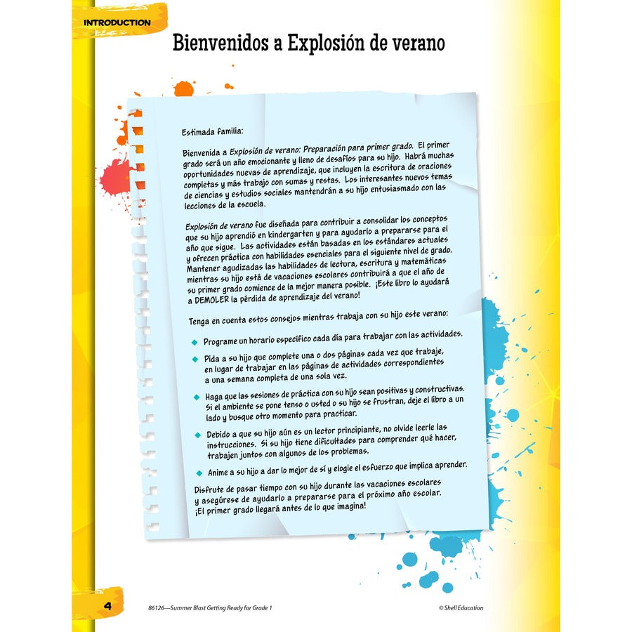 Shell Education Summer Blast Spanish Workbook Printed Book - Book - Grade K-1 - Spanish, English