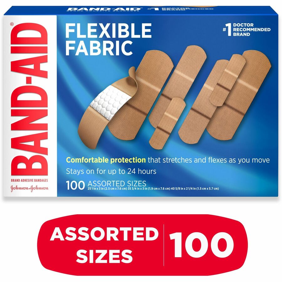 Band-Aid Flexible Fabric Adhesive Bandages - Assorted Sizes - Beige - Fabric - 100 / Box